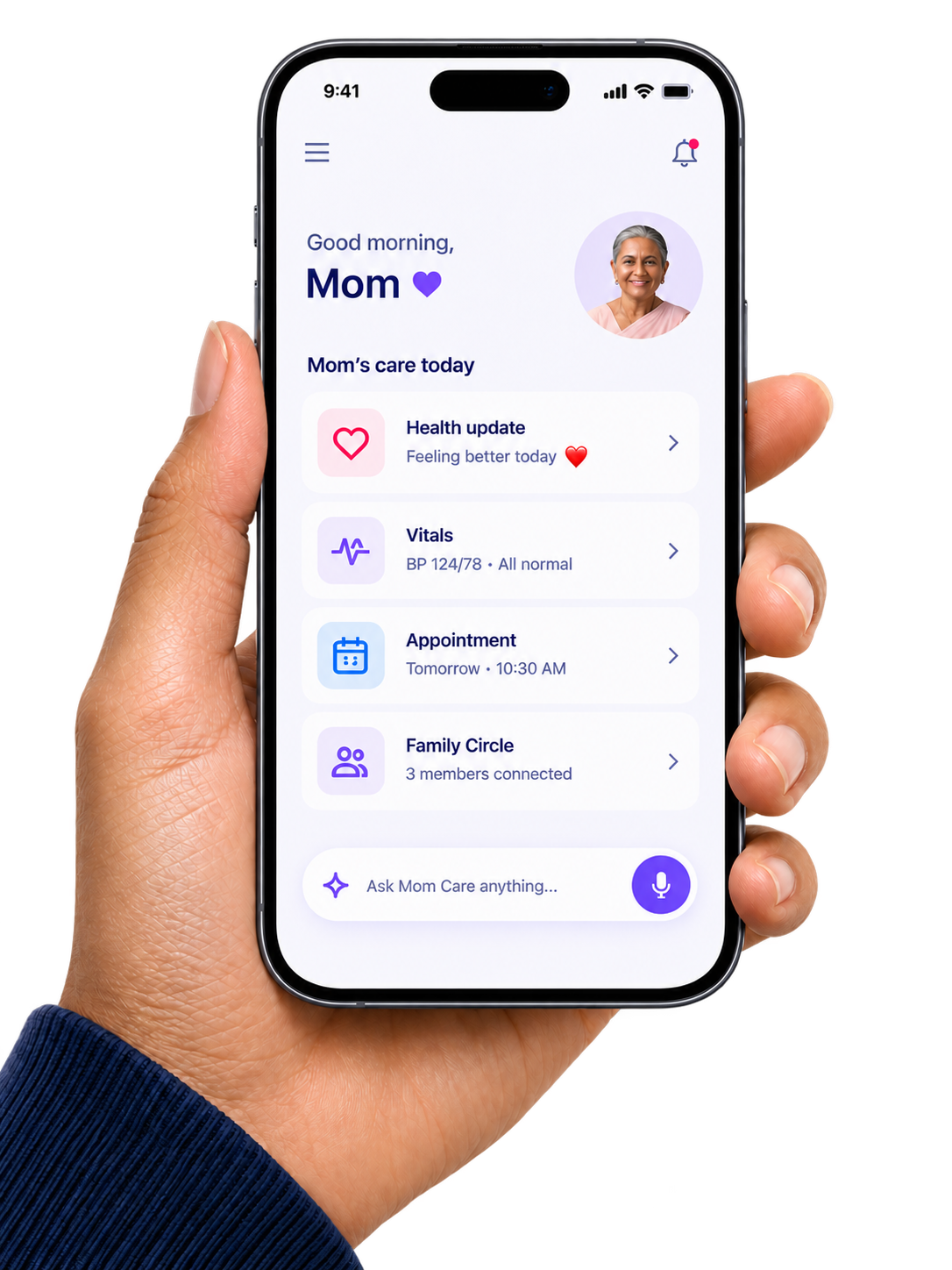 A hand holding the Kavira family care app