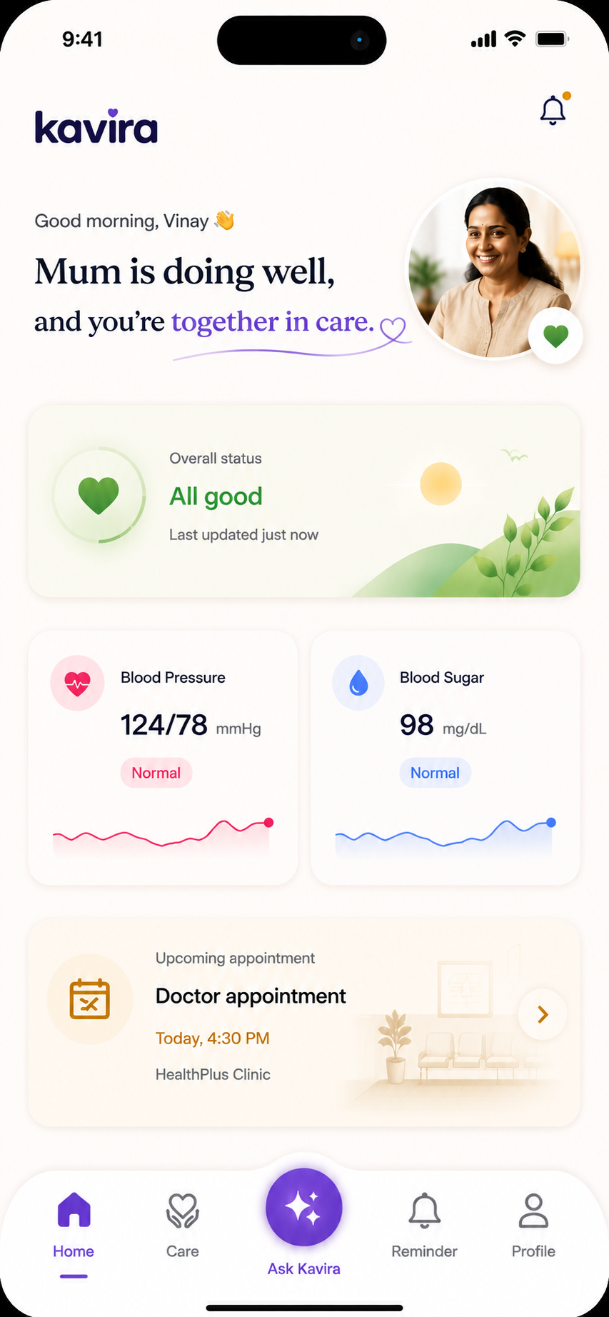 Kavira health dashboard showing Mum's wellbeing, vitals and upcoming appointment